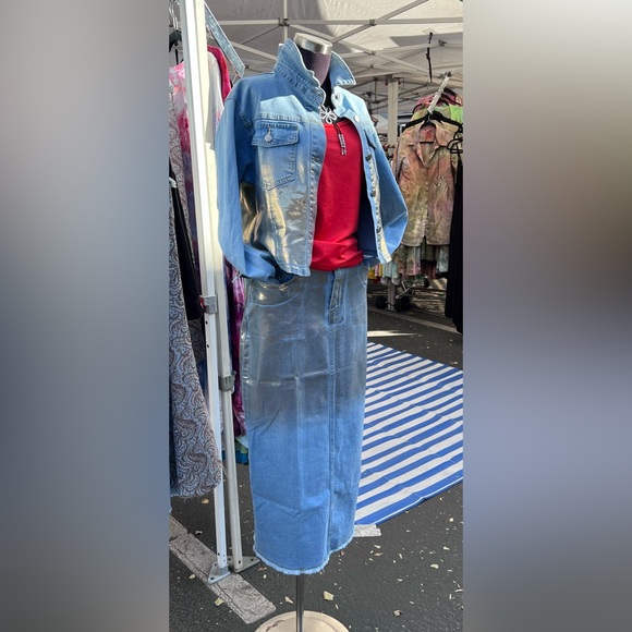 Set of Metallic Gold Denim Jeans Skirt & Jacket, Large Light Blue - Picture 8 of 16